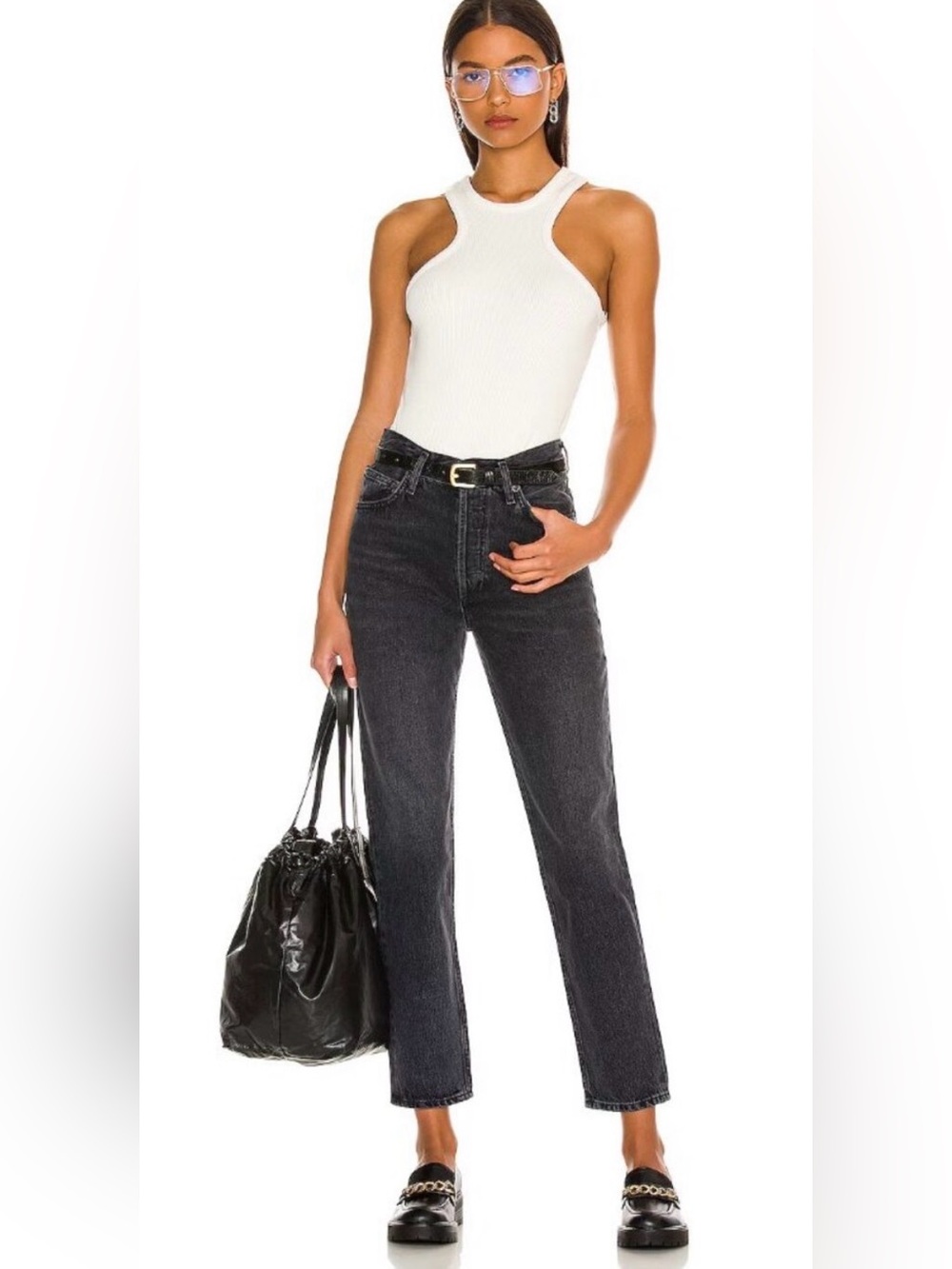 AGOLDE Fen High Rise Relaxed Tapered Button Fly Jeans in Shambles Faded Black 26